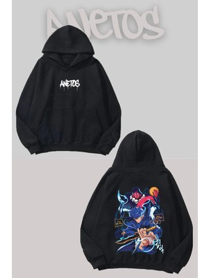 Anetos Solo Leveling Sırt Baskılı Siyah Kapüşonlu Sweatshirt