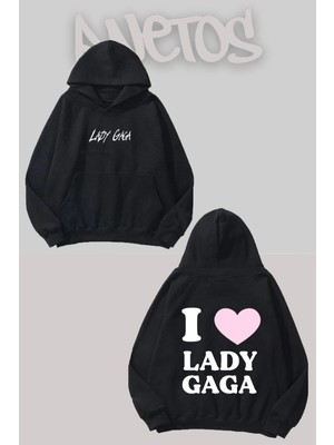 Anetos Lady Gaga 10 Tasarım Siyah Ön Arka Baskılı Sweatshirt