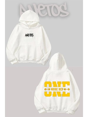 Anetos One More Sırt Baskılı Beyaz Kapüşonlu Sweatshirt