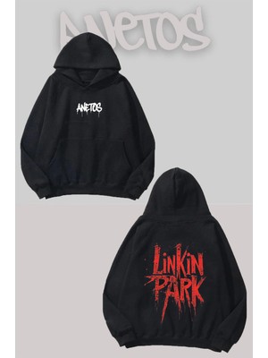 Anetos Linkin Park 8 Sırt Baskılı Siyah Kapüşonlu Sweatshirt