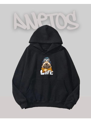 Anetos Pug Life Dog Tasarım Siyah Ön Baskılı Sweatshirt