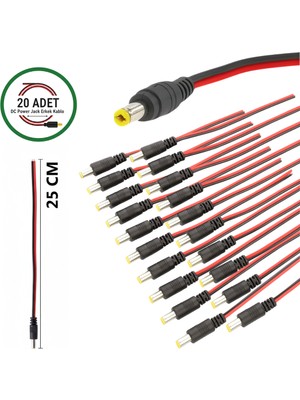 Vorex 20 Adet Dc Power Jack Kablosu 25 cm Düz Erkek Çoklu Set Kamera Modem LED Adaptör Güç Bağlantı Kablosu