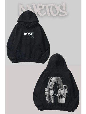 Anetos Blackpink Rose 5 Tasarım Siyah Ön Arka Baskılı Sweatshirt