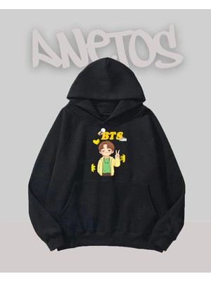Anetos Bts 3 Tasarım Siyah Ön Baskılı Sweatshirt