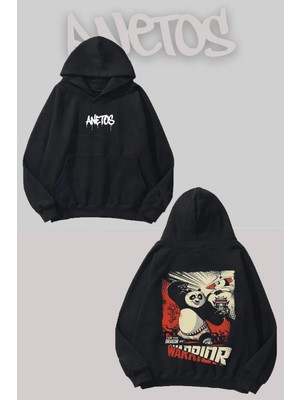 Anetos Panda Sırt Baskılı Siyah Kapüşonlu Sweatshirt