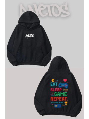 Anetos Eat Sleep Game Repeat Sırt Baskılı Siyah Kapüşonlu Sweatshirt