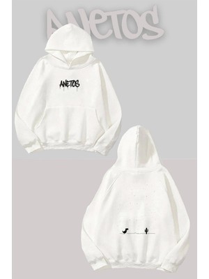 Anetos Dinozor Kaktüs Sırt Baskılı Beyaz Kapüşonlu Sweatshirt