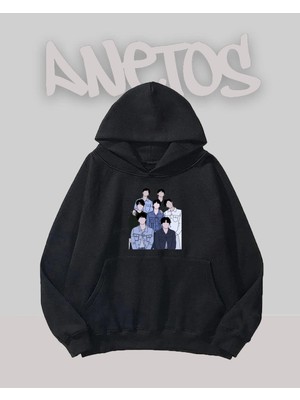 Anetos Bts Tasarım Siyah Ön Baskılı Sweatshirt