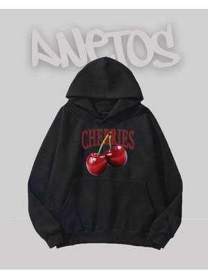 Anetos Cherrıes Tasarım Siyah Ön Baskılı Sweatshirt