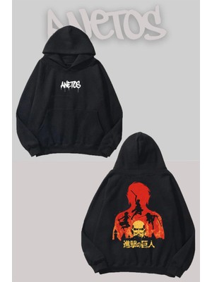 Anetos Shingeki No Kyojin Sırt Baskılı Siyah Kapüşonlu Sweatshirt