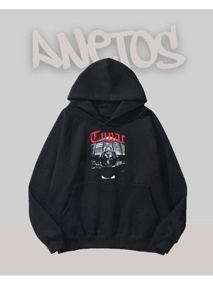 Anetos Tupac 1 Tasarım Siyah Ön Baskılı Sweatshirt