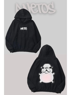 Anetos Yavru Hayvan Sırt Baskılı Siyah Kapüşonlu Sweatshirt