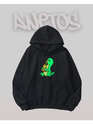 Anetos Dıno Tasarım Siyah Ön Baskılı Sweatshirt