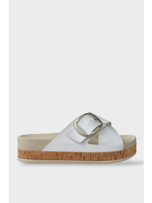 Liger Kadın Günlük Terlik Kalın Taban Tokalı Çapraz Rahat Şık Yazlık Ev Plaj Tatil Terliği Beyaz