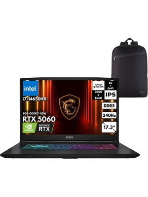 MSI Msı Katana 17 Hx I7-14650HX 48 -Gbddr5 2 Tbssd RTX5060 (8GB-GDDR7-115W) 17.3" 2k Qhd 240Hz IPS Windows 11 Home + Hmf Sırt Çantası B14WFK-257XTRHMF39