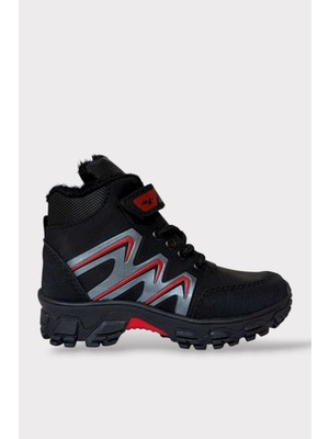 Liger Içi Kürklü Soğuk ve Suya Dayanıklı Fermuarlı Çocuk Bot Siyah - Kırmızı