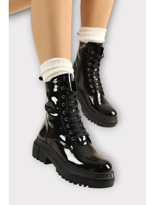 Liger Kalın Taban Fermuarlı Postal Kadın Bot Siyah - Siyah