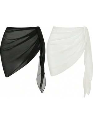 Pilelistore Kadın Siyah Beyaz Transparan Belden Bağlamalı Pareo 2'li