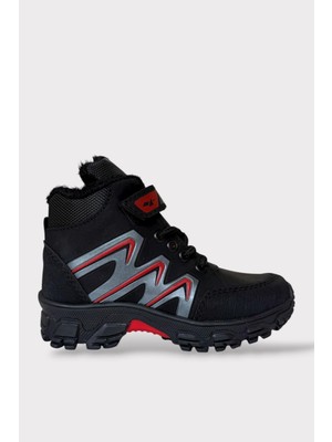 Liger Içi Kürklü Soğuk ve Suya Dayanıklı Fermuarlı Çocuk Bot Siyah - Kırmızı