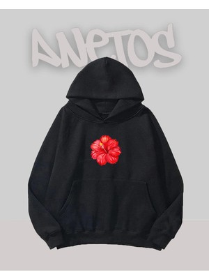 Anetos Red Hibiscus Flower Tasarım Siyah Ön Baskılı Sweatshirt