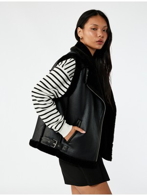 Koton Suni Kürklü Yaka Fermuarlı Deri Görünümlü Kolsuz Biker Yelek