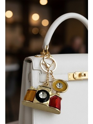 Modex Altın Sarısı Tek Taş Detay Fotoğraf Makinası Çanta Aksesuarı Anahtarlık