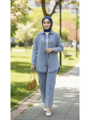 Kadın Kot Ceket Pantolon Ikili Kot Mavi Takım
