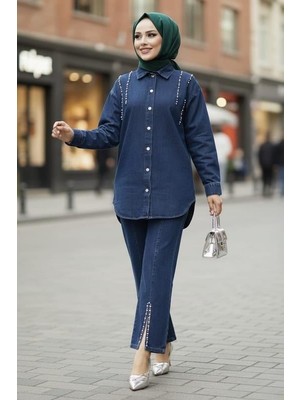 Kadın Kot Ceket Pantolon Ikili Kot Lacivert Takım