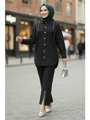 Kadın Kot Ceket Pantolon Ikili Kot Siyah Takım