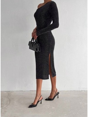 Kadın Simli Dokuda Içi Astarlı Tek Omuz Esnek Uzun Yırtmaçlı Elbise