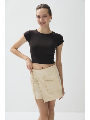 Tubia Kadın Kahve Renk Kısa Kollu Crop T-shirt