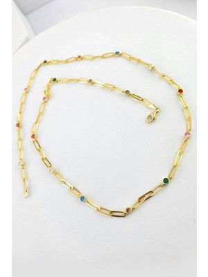 Renkli Doğal Taşlı 925AYAR Gümüş Üzerine Altın Kaplama Ataç Zincir Kolye