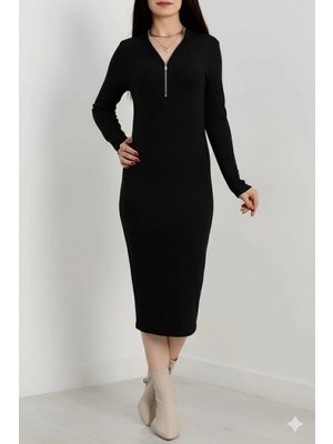 Zengezur Mall Techmrt Fermuar Detaylı Fitilli Şardonlu Elbise Siyah A3178 (Beden: Standart)