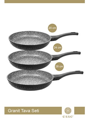 Esse Granit Döküm 3'lü Tava Seti Siyah 20 Cm/24 Cm/28 cm E403