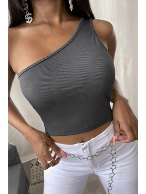 Pilelistore Kadın Koyu Gri Tek Omuz Crop Büstiyer