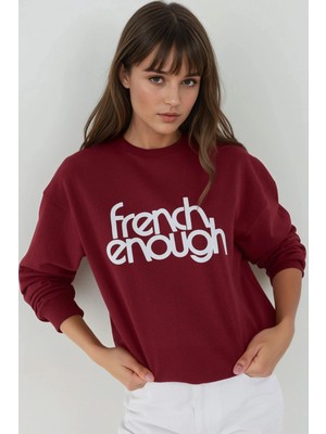 Hiccup Kadınlar Baskılı Yuvarlak Yaka Uzun Kollu Sweatshirt Tuğla Kırmızısı