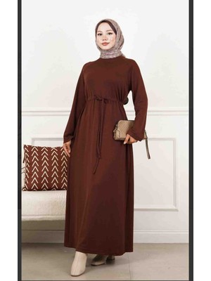Kadın Kahve Rengi Belden Bağlama Detaylı Cepli Oysho Kumaş Tesettür Elbise