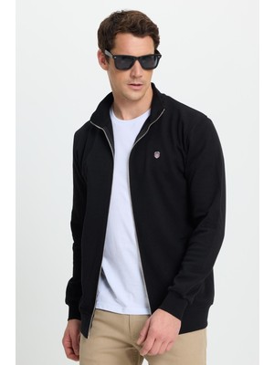 Tudors Erkek Slim Fit Dar Kesim Pamuklu Tam Fermuarlı Çift Cepli Dik Yaka Siyah Sweatshirt Hırka