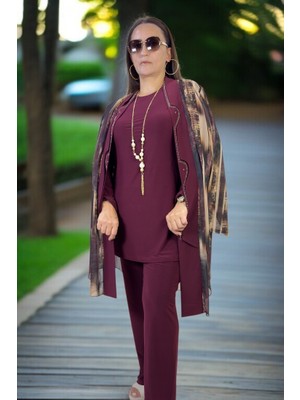 Yagmur Beren  Taş Işlemeli Şal Yaka Kesim Şifon Ceket Bisiklet Yaka Kısa Kol Bluz Beli Lastikli Pantolon 3lü Takım