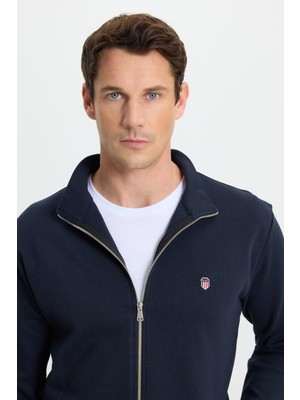 Tudors Erkek Slim Fit Dar Kesim Pamuklu Tam Fermuarlı Çift Cepli Dik Yaka Lacivert Sweatshirt Hırka