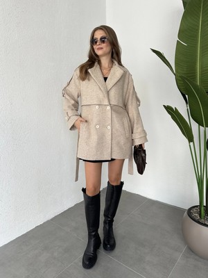Asfa Moda Krem Kruvaze Oversize Astarlı Cepli Kuşaklı Kaşe Mont Kaban