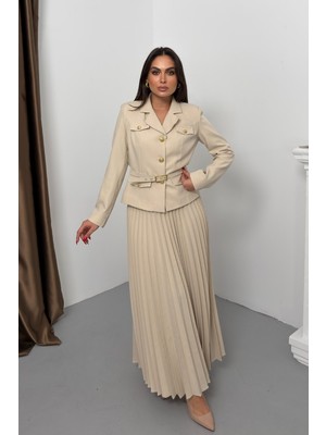 Spirituel Kadın Ikili Alt Üst Takım Şık Kemerli Cep ve Düğme Detaylı Kısa Blazer Ceket Piliseli Uzun Etek Takım