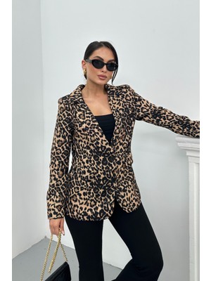 Spirituel Kadın Blazer Ceket Leopar Desenli Kısa Düğmeli Astarlı Vatkalı Ceket