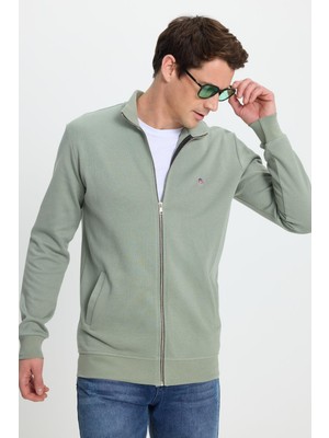Tudors Erkek Slim Fit Dar Kesim Pamuklu Tam Fermuarlı Çift Cepli Dik Yaka Yeşil Sweatshirt Hırka