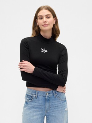 Gap Kadın Siyah Crop Gap Logo Mockneck T-Shirt