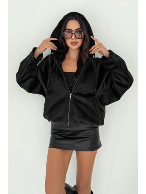 Kürk Kumaş Kapşonlu Mont Siyah