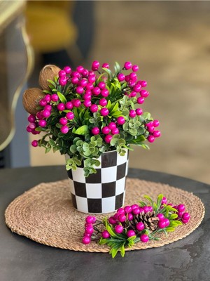 TASARIMHMODA Yapay Pembe Kokinalı Damalı Vazo + Hasır Supla