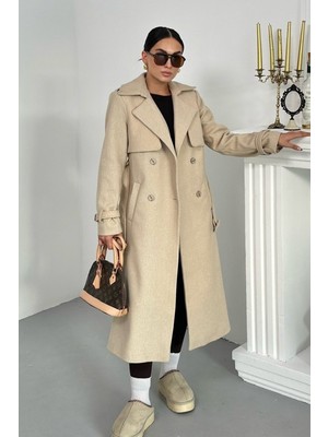 Spirituel Kadın Kaban Uzun Kaşe  Kuşaklı Düğmeli Cepli Kruvaze Premium Kaban