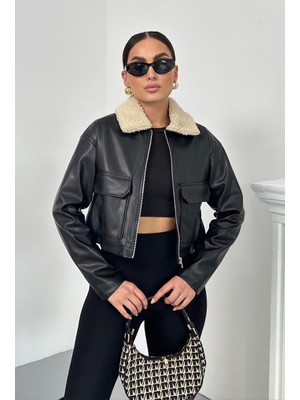 Spirituel Kadın Crop Ceket Suni Deri Yakası Kürklü Fermuarlı Çift Cepli Kısa Deri Mont