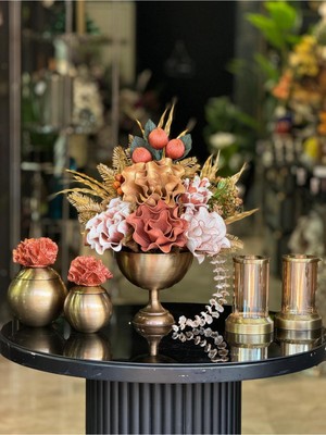 TASARIMHMODA Yapay Çiçekli Antik Yuvarlak Vazo 5 Parça Set No:4